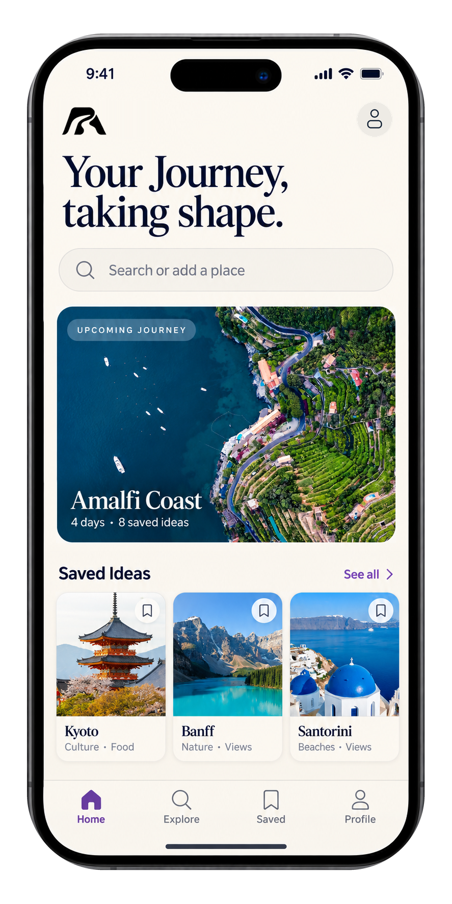 PathAlly app preview showing an upcoming Amalfi Coast trip and saved ideas for Kyoto, Banff, and Santorini